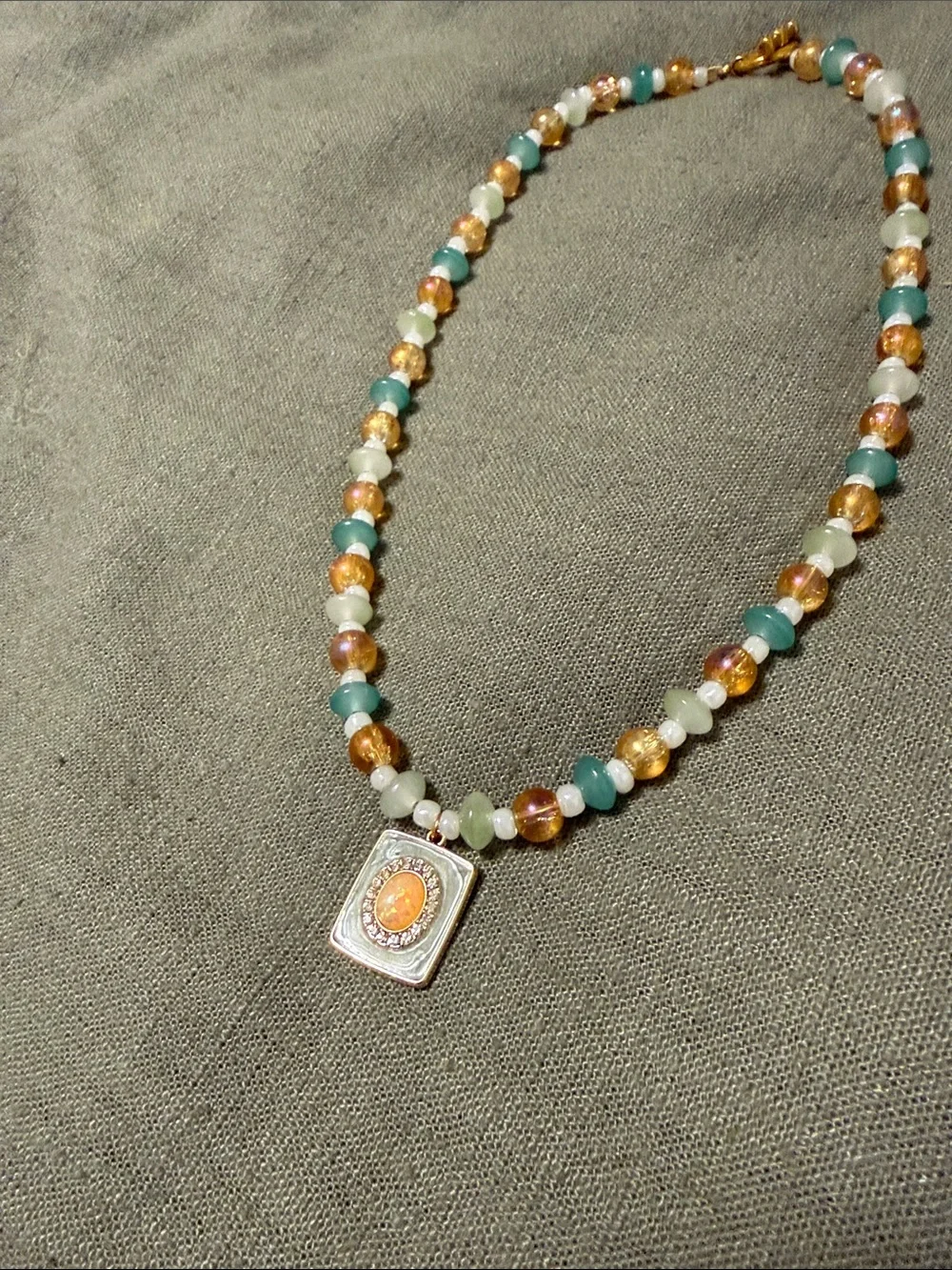 Gold & Aqua Beaded Pendant Necklace